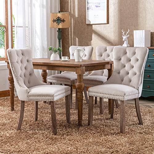 Beige Velvet Dining Chairs Set of 2, Tufted Kitchen & Dining Room Chairs | Two Fabric Tufted Dinning Chairs, Velvet Upholstered, Wing Back, Metal Pull Ring, Wood Frame, Mid Century Modern - color: A-1 Beige Velvet, Wood Legs, size: 2