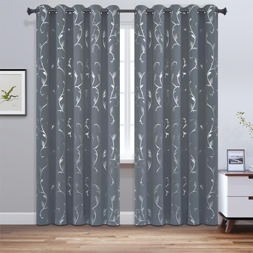 BUHUA Blackout Curtains Silver Foil Print Flower Vine Grommet Drapes, Room Darkening Thermal Insulated Curtains, Noise Reducing Curtain for Bedroom, Grey, 66Wx63L, 2 Panels - color: Light Grey, size: 66"W x 63"L (Pack of 2)