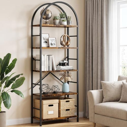 Arched Bookshelf 5 Tier Tall Bookcase, Industrial Metal Frame Book Shelf with X Reinforced Structure, Adjustable Feet Storage Display Shelf for Living Room Bedroom Office Rustic Brown