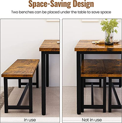 Dining Room Table Set with 2 Benches, Farmhouse Dining Table Set for 4-6, Wood Breakfast Table Set Dinner Table Set Kitchen Table and Chairs for Breakfast Nook Small Spaces, Brown - color: Rustic Brown