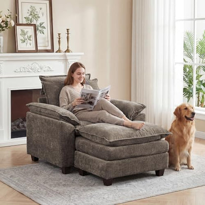 46'' Oversized Chaise Lounge with Ottoman, Cloud Deep Seat Accent Sofa Chair with Detachable Headrest, Double Thicked Cushion Lounge Armchair for Living Room, Bedroom, Brown - color: Brown, size: Chaise Lounge Chair