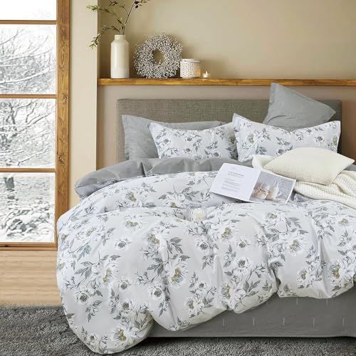 LEMIROE Floral Cotton Comforter Queen Size - Light Grey Comforter Printed with Vintage Ivory Flowers & Dark Yellow Stamens,Reversible Lightweight Bedding Sets 3Pcs(90"×90") - color: Vintage Floral - Light Grey, size: Full/Queen (90"×90")
