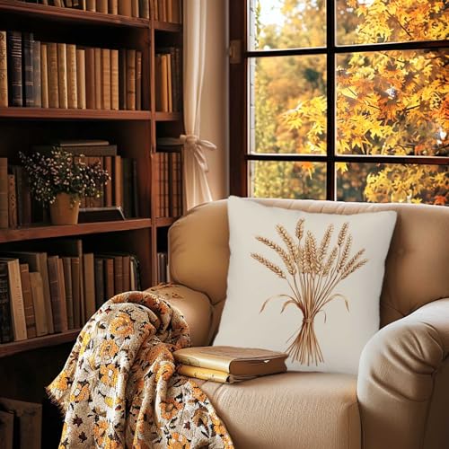 Throw Pillow Covers 18x18 Set of 2 | Wheat Floral Decorative Cushion Covers for Couch Sofa Bed | Neutral Botanical Farmhouse Pillow Cases for Living Room | Rustic Home Decor Accent - color: Wheat Floral