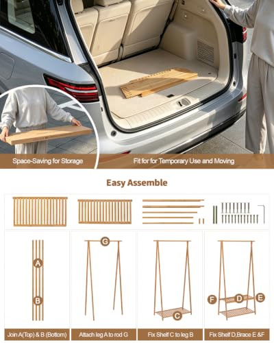Bamboo Clothing Rack with Shelves, Wood Garment Rack for Hanging Clothes | Small Space Corner Clothes Hanger Rack with 2 Hooks,Freestanding Open Wardrobe Closet Rack in Bedroom,Entryway,Apartment - size: 2-Tier,60.5" Tall