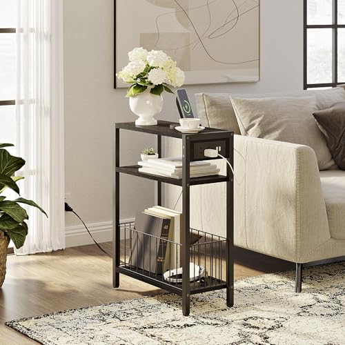 TRIFEBLE Narrow Side Table with Charging Station, Small End Table for Small Spaces, Slim Nightstand with Storage Basket, 3 Tier Skinny Bedside Table for Living Room, Bedroom, Black - color: Black