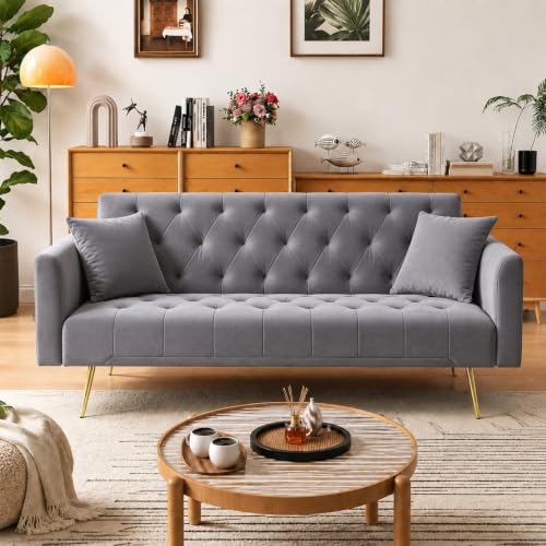 Anwick 72''Modern Velvet Sofa Bed Futon,Convertible Folding Sleeper Couches with 3 Adjustable Backrests,Tufted Recliner Loveseat with Golden Chrome Legs for Living Room Apartment Office (Dark Grey) - color: Dark Grey