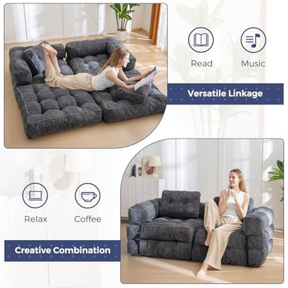 MAXYOYO Folding Sofa Bed, Convertible Chair Bed with Pillow | L-Shaped Floor Sofa with Armrest and Pillow, Foldable Portable Fold Out Comfy Chair Bed for Living Room Bedroom, Dark Grey - color: Dark Grey