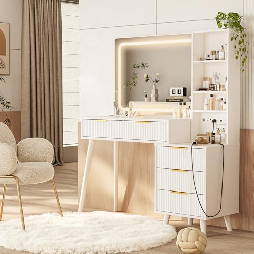 Vanity Desk with Mirror and Lights, Makeup Vanity Desk with Power Outlet, Makeup Desk with 5 Drawers&Storage Shelves, Vanity Table 3 Color Modes Adjustable Brightness Dressing Table Set for Bedroom - style: White Vanity with Power Outlet