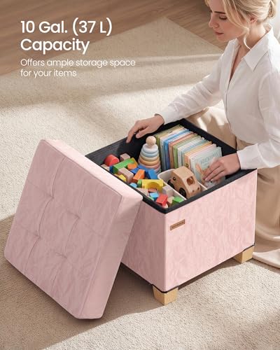 SONGMICS Storage Ottoman, Textured PU Leather Footstool with Legs, Footrest with Cushion, for Living Room and Bedroom, 15 x 15 x 15.7 Inches, Pink, Minota Collection ULSF523SA01 - color: Pink (With Legs)