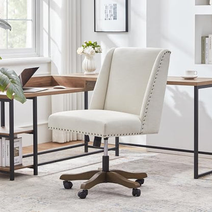 Upholstered Armless Office Chair Fabric Swivel Home Desk Chair with Wheels | Modern Comfy Boho Office Chair with Wooden Legs Adjustable Desk Chair no Arms for Sewing Women Farmhouse Study Studio Beige - color: Beige