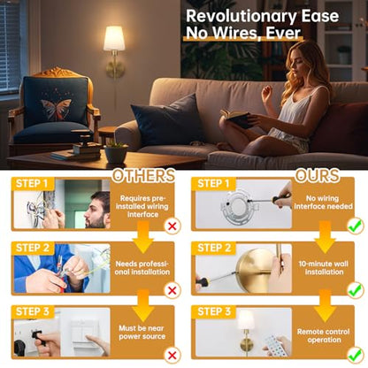 Shenmoyl Fabric Wall Sconce Battery Operated Set of 2, Rechargeable Wall Lights with 5000mAh RGB Dimmable Bulb, 12 Colors Wall Sconces for Bedroom Living Room, Gold - color: Golden