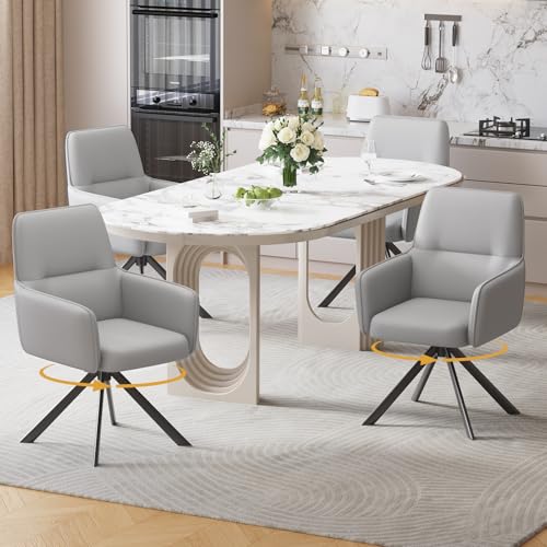 360°Swivel Dining Chairs Set of 4, Modern Upholstered Dining Room Chairs with Thicken Cushion, Dining Chairs with Armrests Swivel Kitchen Chairs for Living Room, PU, Grey - color: Grey, size: Set of 4