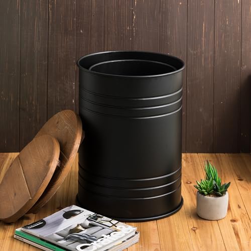 Glitzhome Rustic End Table Set of 2, Farmhouse Galvanized Metal Barrel Ottoman Storage Stool with Round Wood Lid for Living Room Furniture, Black - color: Black