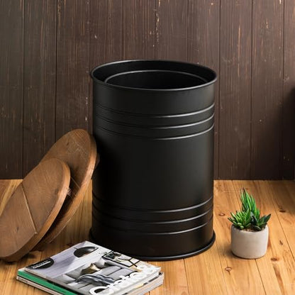 Glitzhome Rustic End Table Set of 2, Farmhouse Galvanized Metal Barrel Ottoman Storage Stool with Round Wood Lid for Living Room Furniture, Black - color: Black