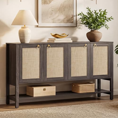 SICOTAS Boho Sideboard Buffet Cabinet with Rattan Doors, Storage Credenza | Large 55" Boho Coffee Bar Cabinet with Open Shelf, Modern Storage Credenza & Console Table for Entryway, Kitchen, Dining Room - color: Obsidian