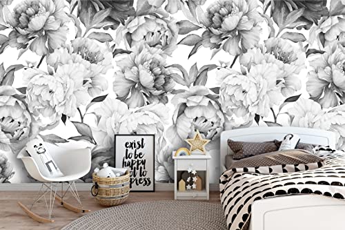 Removable Peel 'n Stick Wallpaper, Self-Adhesive Wall Mural, Watercolor Floral Pattern, Nursery Decor, Custom Color • Peonies Grey 'n White (24" W x 60" H Inches) - size: 24"W x 60"H Inches