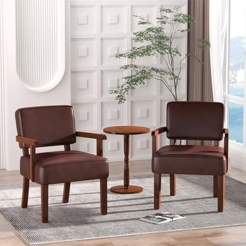 Accent Chairs Set of 2, 2 Solid Wood Armchairs with Table | Faux Leather Chair with Soft Thicken Cushion, Comfy Reading Chair for Bedroom, Waiting Room, Home Office, Easy Assembly - color: Faux Leather Cherry, size: Set of 2 with table