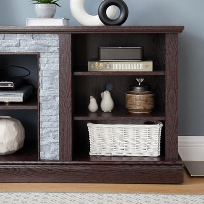 70 inch TV Stand for 75 inch TV, Cherry Wood Media Console with Faux Stacked Stone Surround, Large Entertainment Center with Storage Cabinets and 6 Cable Management Holes for Living Room - color: Cherry