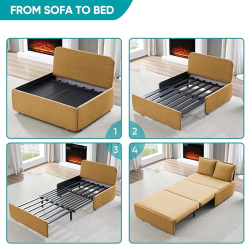 BALUS 43" W Twin Size Sleeper Couch Bed Pull Out Sofa with Pullout Beds, 2 in 1 Convertible Linen Single Sleepers Sofas Chair with Foldable Mattress and Pillows for Small Space Apartment, Yellow - color: Yellow, size: Twin