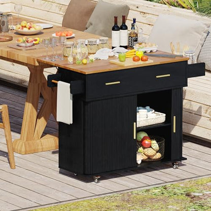 DHH Rolling Kitchen Island with Drop Leaf Countertop&Ample Storage - 39.4" Small Mobile Kitchen Cart On Wheels with Sliding Door,Drawers,Spice Rack & 2-Tier Storage(Black) - color: Black