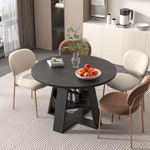 43.3"-59" Extendable Round Oval Dining Table for 4-8 with Storage Shelf | Modern Kitchen Oval Dining Table with Removable Leaves,Space Saving Extendable Table Wood Base for Kitchen Living Room BLack - color: Black