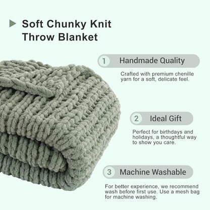 Sage Green Chunky Knit Throw Blanket, Knit Throw Blanket for Couch 50"x60" | Handmade Cable Knit Crochet Blanket, Cozy Knot Green Knitted Throw Blankets, Light Green Chenille Blanket for Bed Sofa Home - color: Light Green