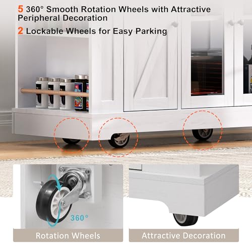 53'' Farmhouse Kitchen Island with Drop Leaf, Power Outlet,Tempered Glass Cabinet Doors,Rolling Kitchen Cart on Wheels for Dining Room or Living Room (White/P) - color: White/P)
