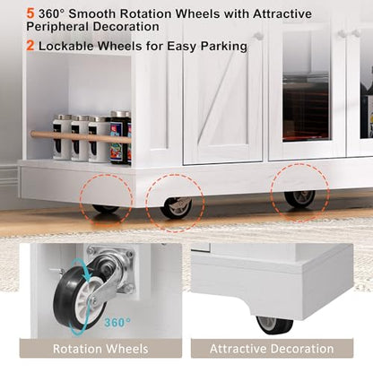 53'' Farmhouse Kitchen Island with Drop Leaf, Power Outlet,Tempered Glass Cabinet Doors,Rolling Kitchen Cart on Wheels for Dining Room or Living Room (White/P) - color: White/P)