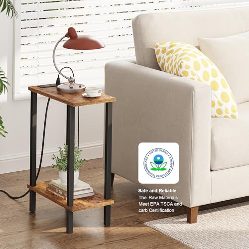 TUTOTAK Narrow Side Table, 2-Tier Small End Table with Charging Station | Skinny Sofa Table, Slim Nightstand, Easy Assembly for Living Room, Bedroom, Brown TB01BB060 - color: Brown, size: 2-tier