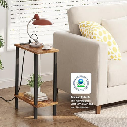 TUTOTAK Narrow Side Table, 2-Tier Small End Table with Charging Station | Skinny Sofa Table, Slim Nightstand, Easy Assembly for Living Room, Bedroom, Brown TB01BB060 - color: Brown, size: 2-tier