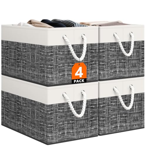 StorageTastic Storage Bin,Collapsible Storage Basket For Organizing, | Large Storage Boxes With Rope Handles,Storage Containers,White & Black,4 Pack - color: Black, size: 15" X 10" X 9.5" (4 Pack)
