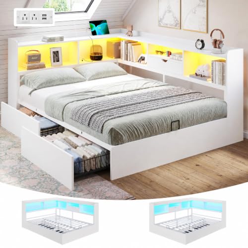DICTAC Corner Full Bed Frame with Storage Bookcase & Headboard, Full Size Platform Corner Bed Frame with 2 Drawers, LED Lights and Charging Station, Wood Daybed for Kids Teen with Metal Slats, White - color: White, size: Full