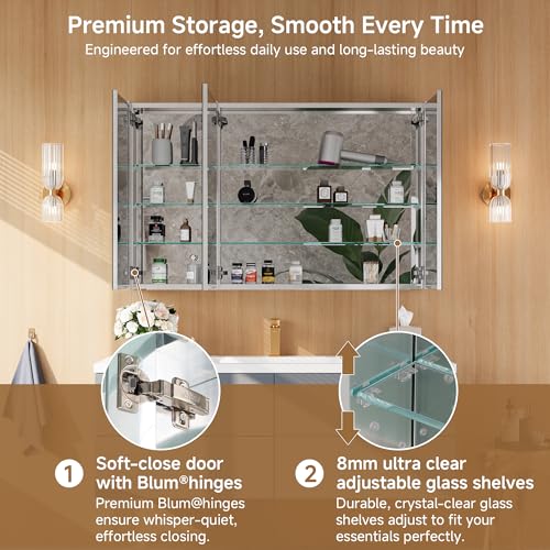 48" x 30" Bathroom Medicine Cabinet with Mirror, Recessed or Wall Mount | Medicine Cabinets with Adjustable Glass Shelves, Soft-Closed Hinge, Chrome Aluminum Frame, Reverse Installation - size: 48" x 30"
