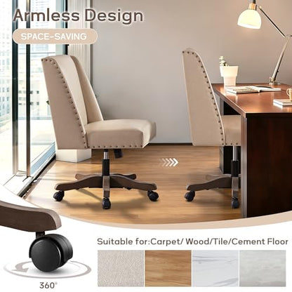 Upholstered Armless Office Chair Faux Leather Swivel Home Desk Office Chair | Modern Comfy Boho Office Chair with Wheels Adjustable Desk Chair no Arms for Sewing Women Farmhouse Study Studio PU Beige - color: Pu Beige