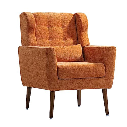 Accent Chair, Living Room Chairs with Solid Wood Legs & Pillow | Chairs Living Room with High Tufted Backrest, Reading Chair for Bedroom/Office, Chenille Fabric - color: Orange