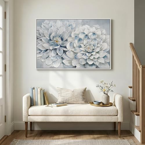 Framed Floral Wall Art, Modern Botanical Canvas Prints Artwork for Walls, Natural Pastel Watercolor Blue and White Elegant Flower Pictures for Living Room Bedroom Dining Room Wall Decor, 24x36 Inch - color: Blue and White-B