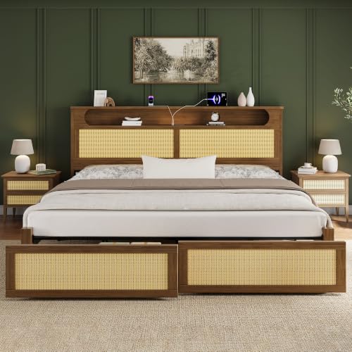 Belffin Queen Size Rattan Bed Frame with 2 Storage Drawers, Wood Bed, Brown | Platform Bed with Storage Headboard, Reading Lights, Solid Wooden Slats, Noise Free, No Box Spring Needed, Easy Assembly - color: Brown, size: Queen