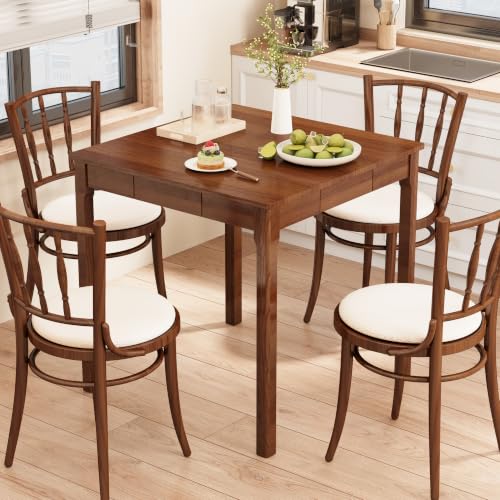 Solid Wood Desk with Drawers - 29.5” Square Dining Table, Mid Century Modern Desks, Rubberwood Small Kitchen Table, Writing Desk with Drawers for Apartment|Bedroom|2-4 People - Walnut Desks - color: Walnut, size: 29.5 in W x 29.5 in D