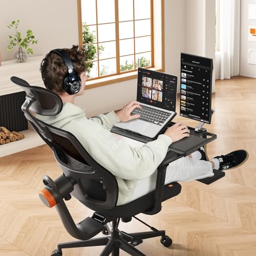 Ergonomic Home Office Chair-Office Desk Chair with Footrest, Auto-Following Backrest & Headrest, 4D Armrests, 96°-136° Recline (Black, with Laptop Table + 2D Headrest) - color: Black, size: With Laptop Table + 2D Headrest