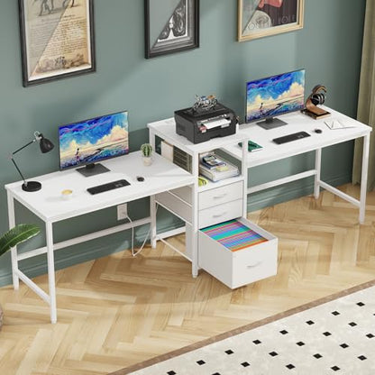 GYIIYUO 93'' Two Person Desk with Charging Station, Long Desk with 3 Drawer | Double Computer Desk with Printer Shelf, 2 Person Writing Study Table Workstation for Home Office, White - color: White
