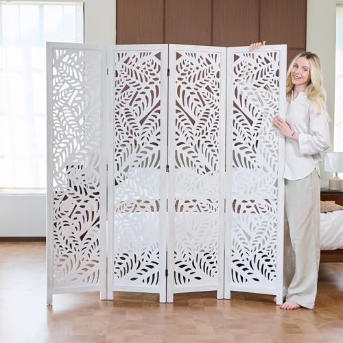 Leaf-Carved Room Divider Privacy Screen - 67 Inch Tall Foading Decorative Wood Screen Dividers Panel for Home - Natural Wood Room Partitions for Enhanced Privacy and Style White 4 Panel - color: White, size: 4 Panels