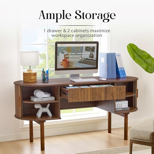 Executive Office Desk with Storage, 63 Inch Large Computer Workstation Desk with Drawer and File Cabinets, Mid Century Modern Fluted Wood Writing Desk for Home Office, Study Room, Living Room, Walnut - color: Walnut