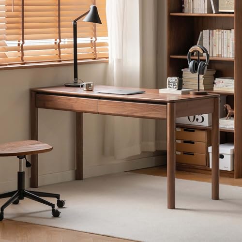 Solid North American FAS Grade Black Walnut Desk, Minimalist Wood Home Office Computer Desk, Mid Century Modern Writing Desk for Study Room Office Bedroom Workspace - size: 55.11"W
