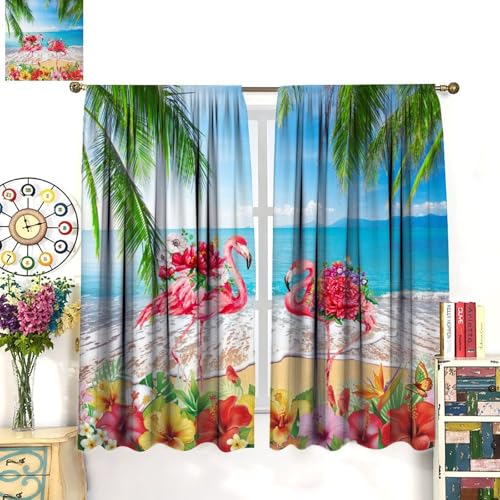 Summer Flamingo Curtain, Ocean Beach Tropical Palm Leaf Window Drapery Treatments for Bedroom Living Room Kitchen Bathroom 42" W X 45" L(No Blackout) - color: Flamingo-6, size: 20.5"W x 45"L (Pack of 2)