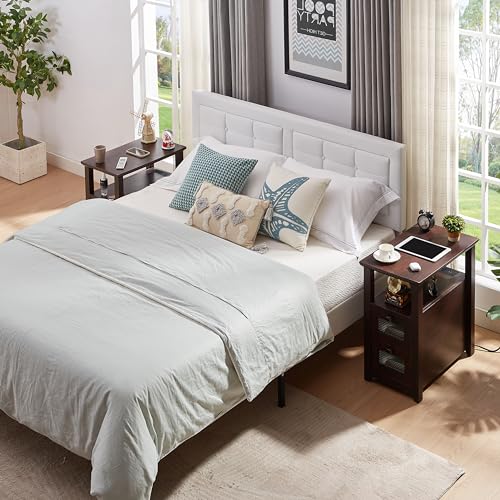 HDDDZSW Farmhouse XXL End Table with Charging Station, Narrow Side Table with USB Ports and Outlets, Nightstand with 2 Drawers Storage, Bedside Tables for Living Room, Bedroom, Rustic Cherry | Farmhouse Narrow Side Table with USB Ports and Outlets, Nights