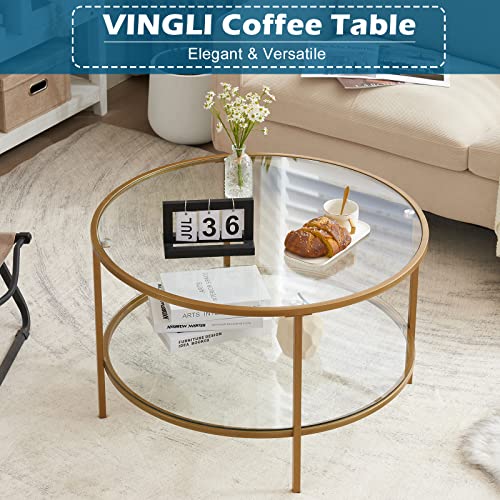 VINGLI 30" Glass Coffee Table, Round Coffee Tables Living Room, Matte Gold | 2-Tier Clear Coffee Table with Storage, Circle Side Table Metal Frame, Modern Center Table Mesa de Centro para Sala - color: Clear-matte Gold, size: 30.7"