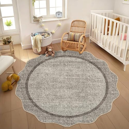 GarveeHome Scalloped Washable Small Round Rug 3 ft Non-Slip, Brown | Soft Christmas Solid Ultra-Thin Circle Low Pile Stain Resistant Carpet for Bedroom Entryway Kitchen Bathroom - color: Brown, size: 3' x 3' (Round)