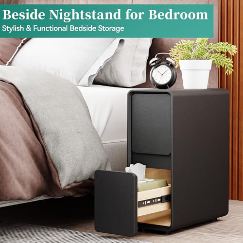 7.8" W Leather Narrow Nightstand Set of 2, Modern Fully-Assembled Bedside Table with 2 Drawers, White Night Stand Small Accent End Table & Side Table for Bedroom, Black - color: Black Set of 2, size: 8in