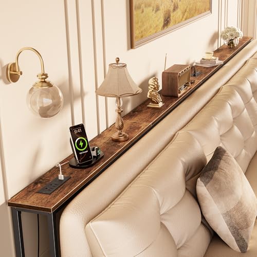 Huuger 133.9 Inch Sofa Table with Power Outlets, Skinny Behind Couch Table | 5.9 Inch Narrow Entryway Table, Extra-Long Console Table, Behind the Couch Table with Outlet for Living Room, Rustic Brown - color: Rustic Brown, size: 5.9"D × 133.9"W × 29.7"H