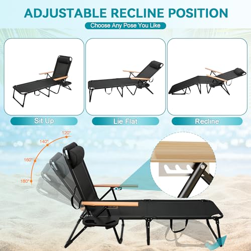 Beach Lounge Chair, Folding Outdoor Chaise Lounge Chair with Arms, 4-Position Backrest, Extended Sun Tanning Chair Pillow & Cup Holder, Patio Lounger for Outside for Beach Pool Patio Yard (Black) - color: Black